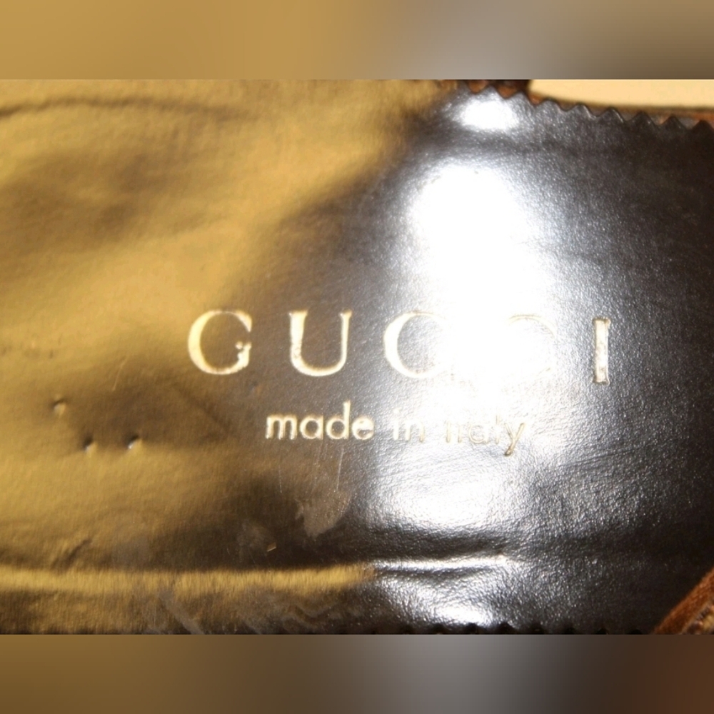Gucci Sandals 7.5 Italy Made Brown Satin Chain Ankle Strap Shoes - Picture 12 of 14